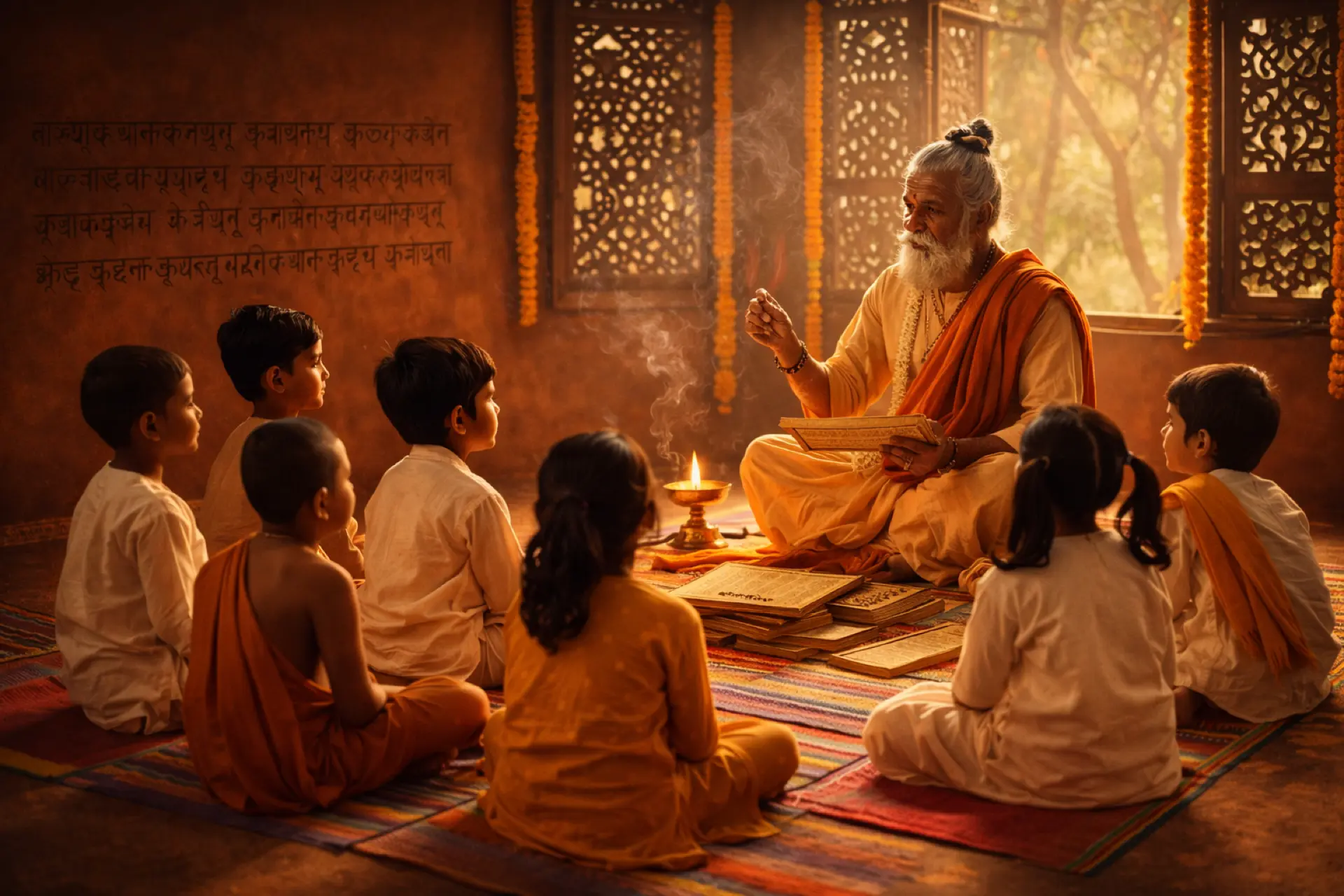 Children learning in traditional gurukul setting with teacher