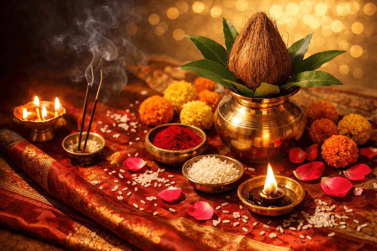 Sacred pooja setup with diyas, kalash, marigold flowers, and incense